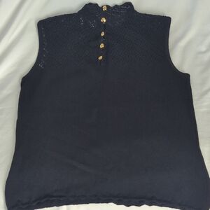 St. John Collection Black Santana Knit Sleeveless Crochet Shell Top Gold Buttons